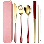 AARAINBOW 6 Pieces 18/8 Stainless Steel Flatware Set Portable Reusable Cutlery Set Travel Utensils Set Including Chopsticks Knife Fork Spoon Straws Cleaning Brush Dishwasher Safe (Red golden)