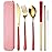 AARAINBOW 6 Pieces 18/8 Stainless Steel Flatware Set Portable Reusable Cutlery Set Travel Utensils Set Including Chopsticks Knife Fork Spoon Straws Cleaning Brush Dishwasher Safe (Red golden)