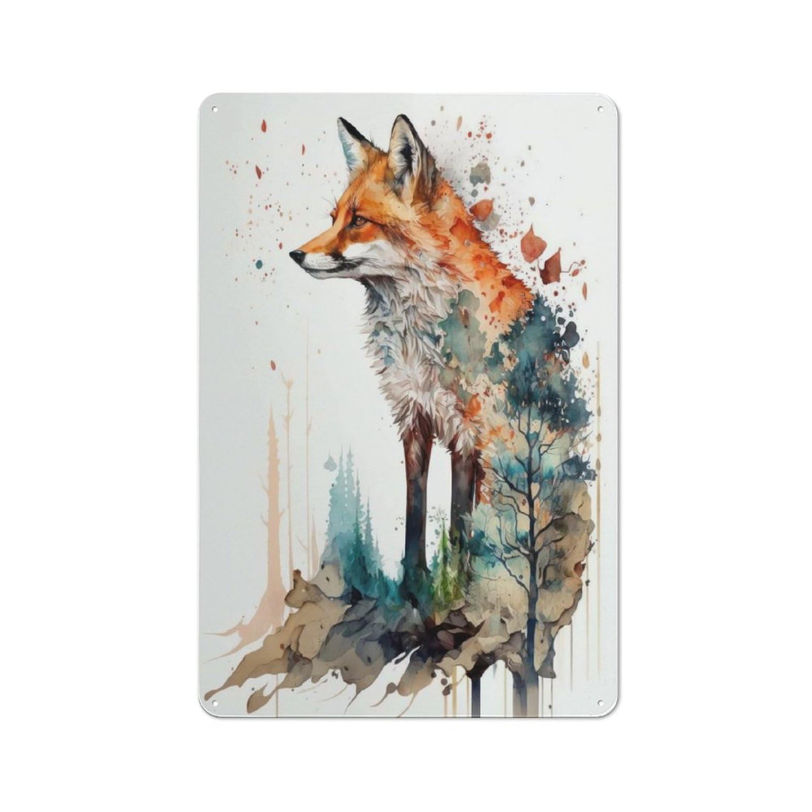 Junmoney Fox Watercolor Rustic Metal Plaque 30X20cm For Guest Room Or Hallway, A Decorative Metal Sign For Guest Rooms And Hallways