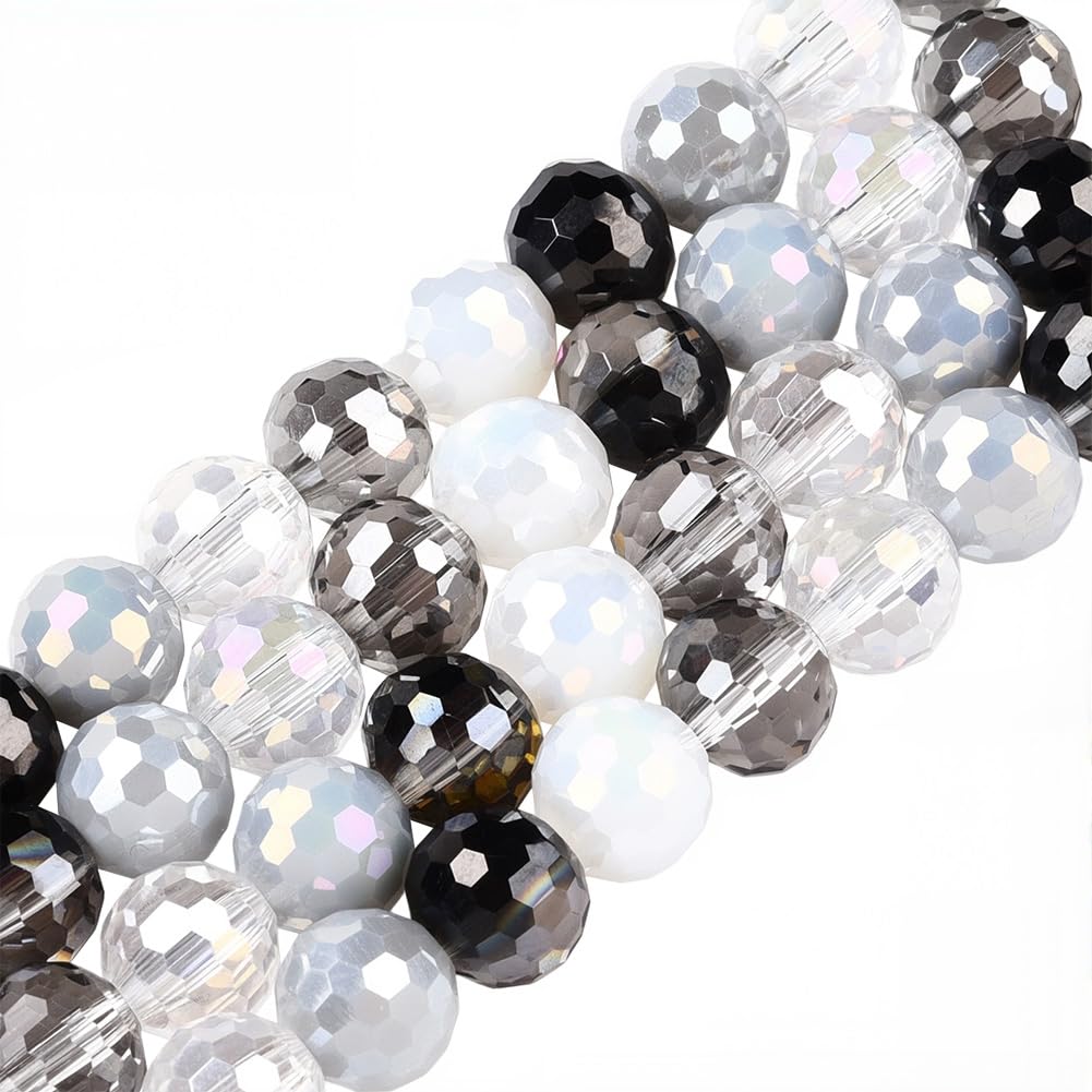 PONABEADIY 1 Box 4 Strands 200PCS 8MM Black White Assorted Faceted Glass Beads with Holes Round Crystal Electroplated Shiny Spacer Loose Bead for Jewellery Making Earrings Necklaces Diy Craft Supply