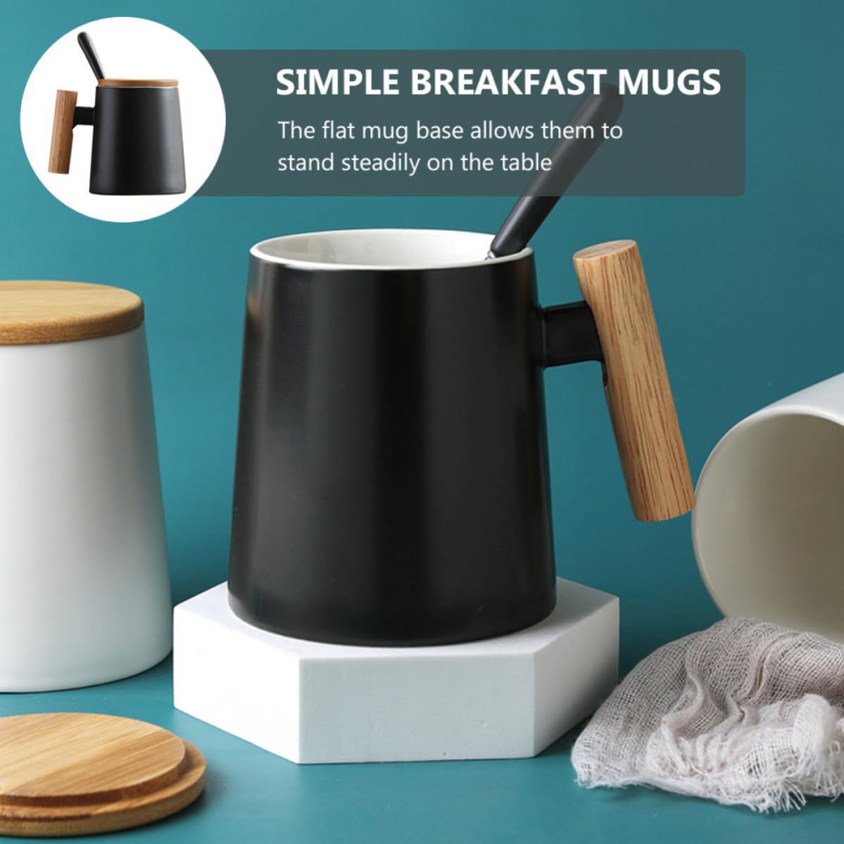 Set 2 Tazze da Caffè in Ceramica per Coppie con Coperchio in Legno e Cucchiaio, Base Piatta e Lavorazione Fine, per Colazione e Bevande Calde