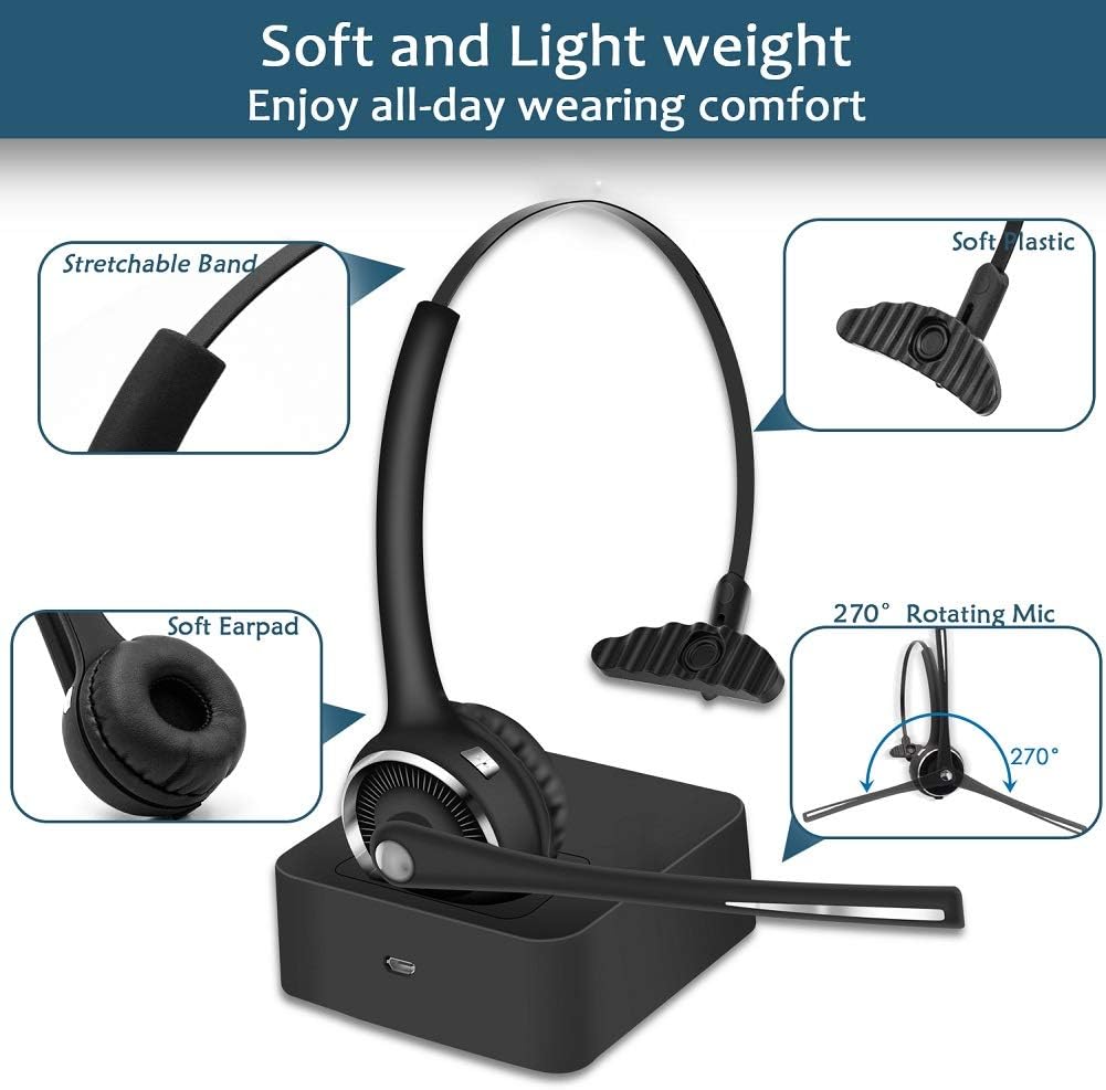 BANIGIPA Trucker Bluetooth 5.0 Headset with Mic for Cell Phones, Wireless Office On-Ear Headphones w/Charging Base, CVC 6.0 Noise Cancellation Clear Talk Stream Music for PC Skype Call Center, Mute