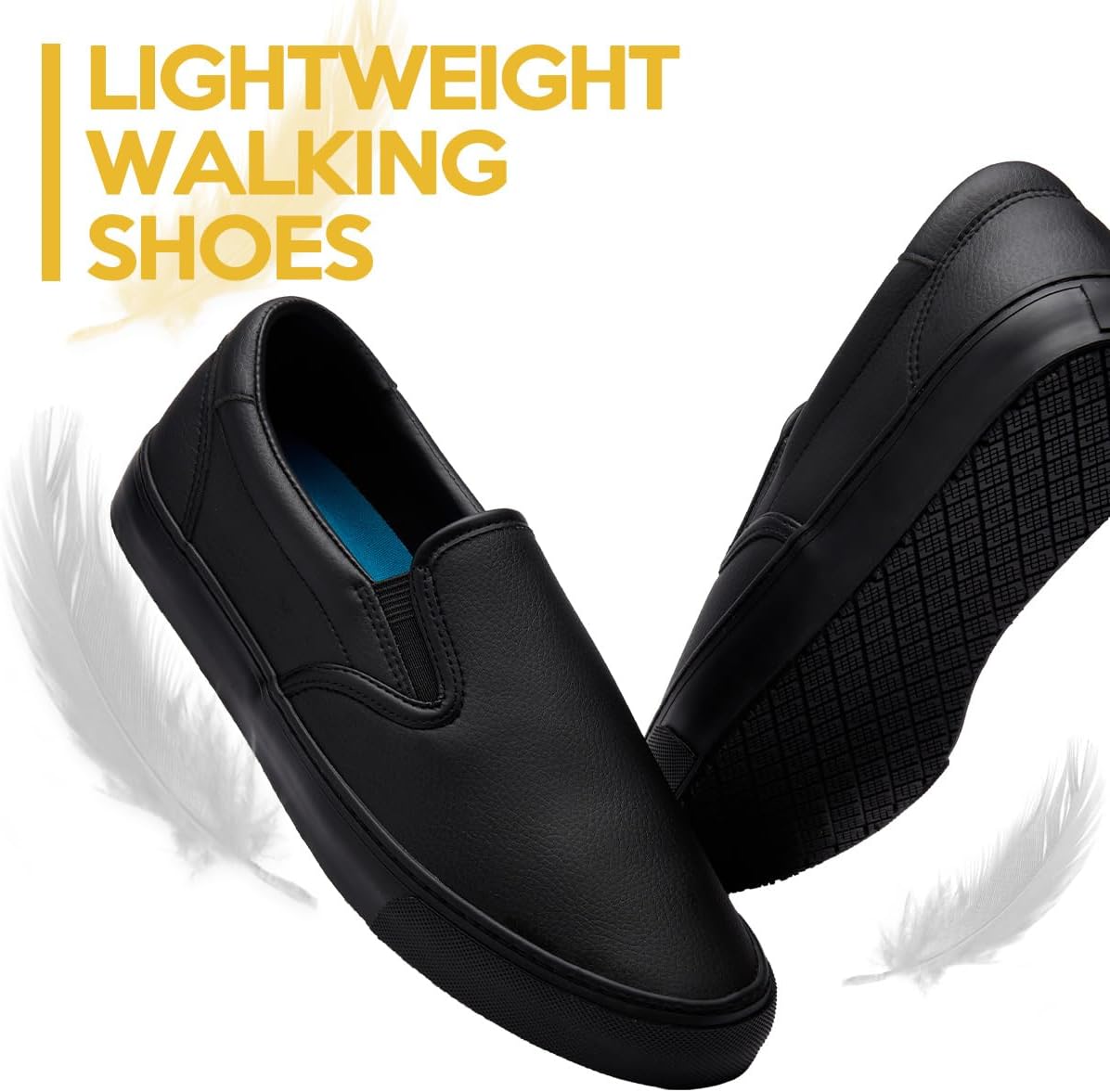 Non-Slip Work Shoes for Men, Leather Slip-on Slip-Resistant (Oil & Water) Sneakers for Food Service, Restaurant Server Shoes, Black Comfortable Casual Stain Resistant Chef Kitchen Shoes