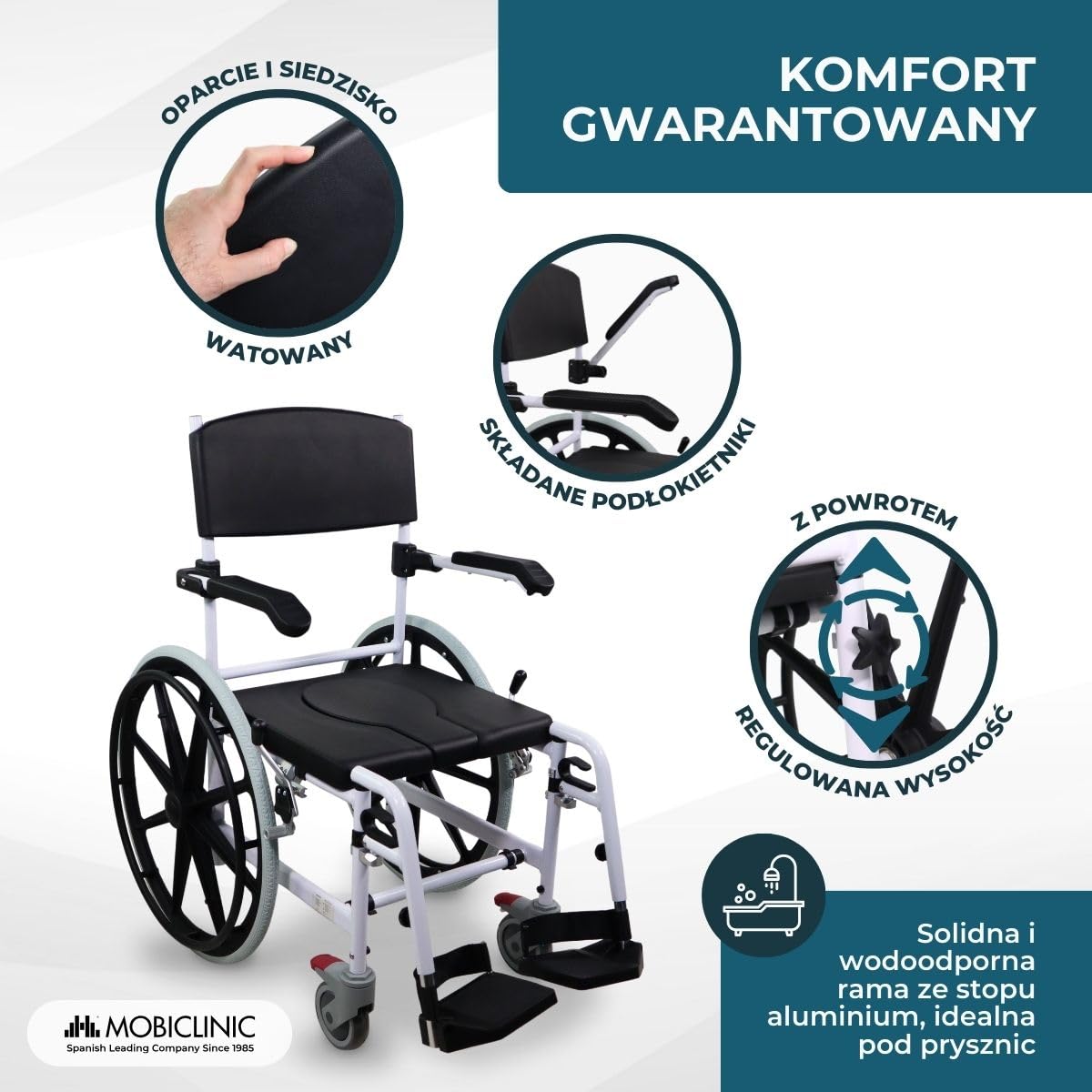 Mobiclinic®, Krzesło Wannowo-Prysznicowe na Kółkach, Przenośna Toaleta, Ze Zdejmowaną Miską, Samobieżne, Regulowana Wysokość, Składany Podnóżek i Podłokietniki, Caligula