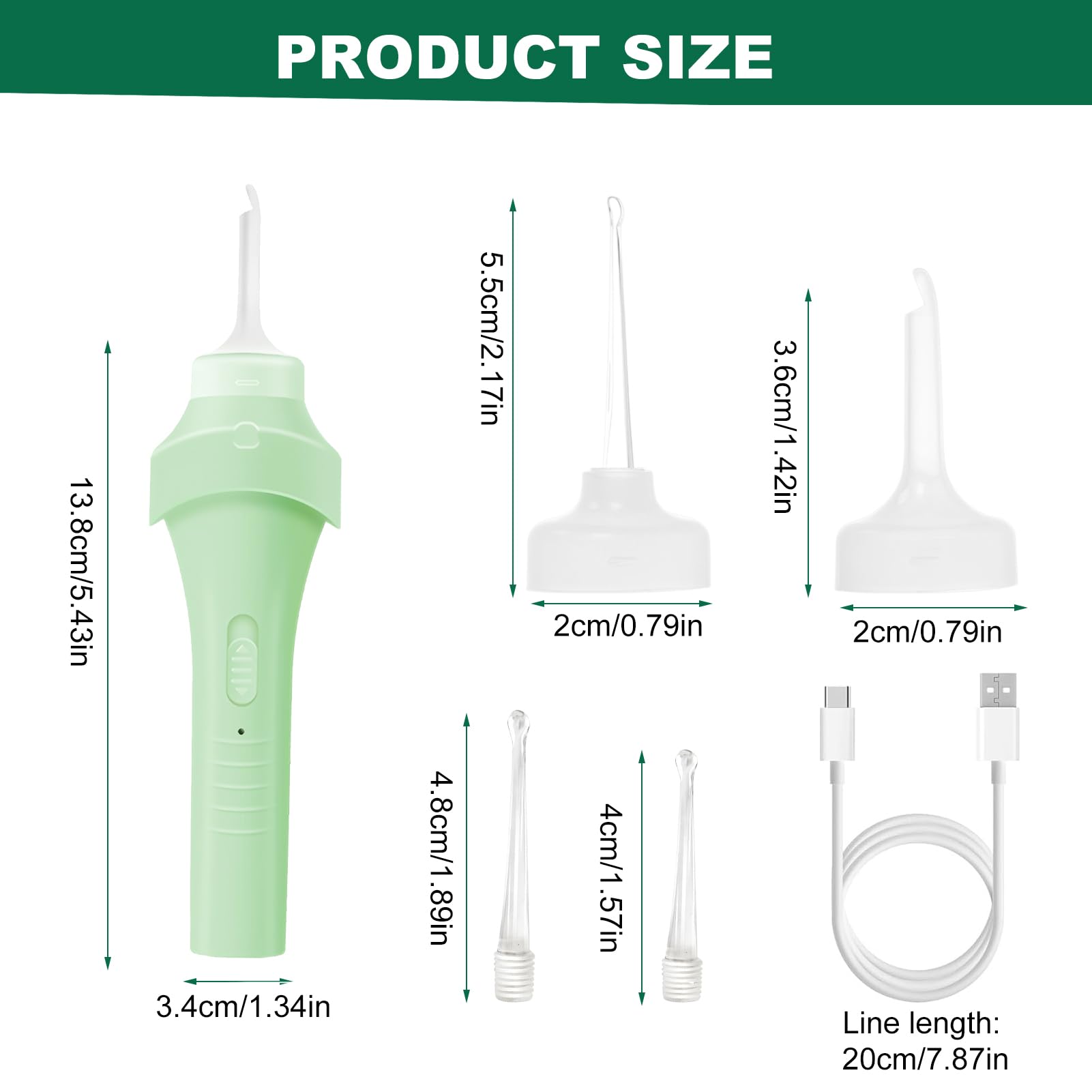 Nettoyeur Oreille Électrique Lumineux Vert, Aspirateur Oreille Cerumen avec Forte Aspiration, Cure Oreille Silicone Doux pour Adultes et Enfants, Appareil Nettoyage Oreilles Sûr et Réutilisable