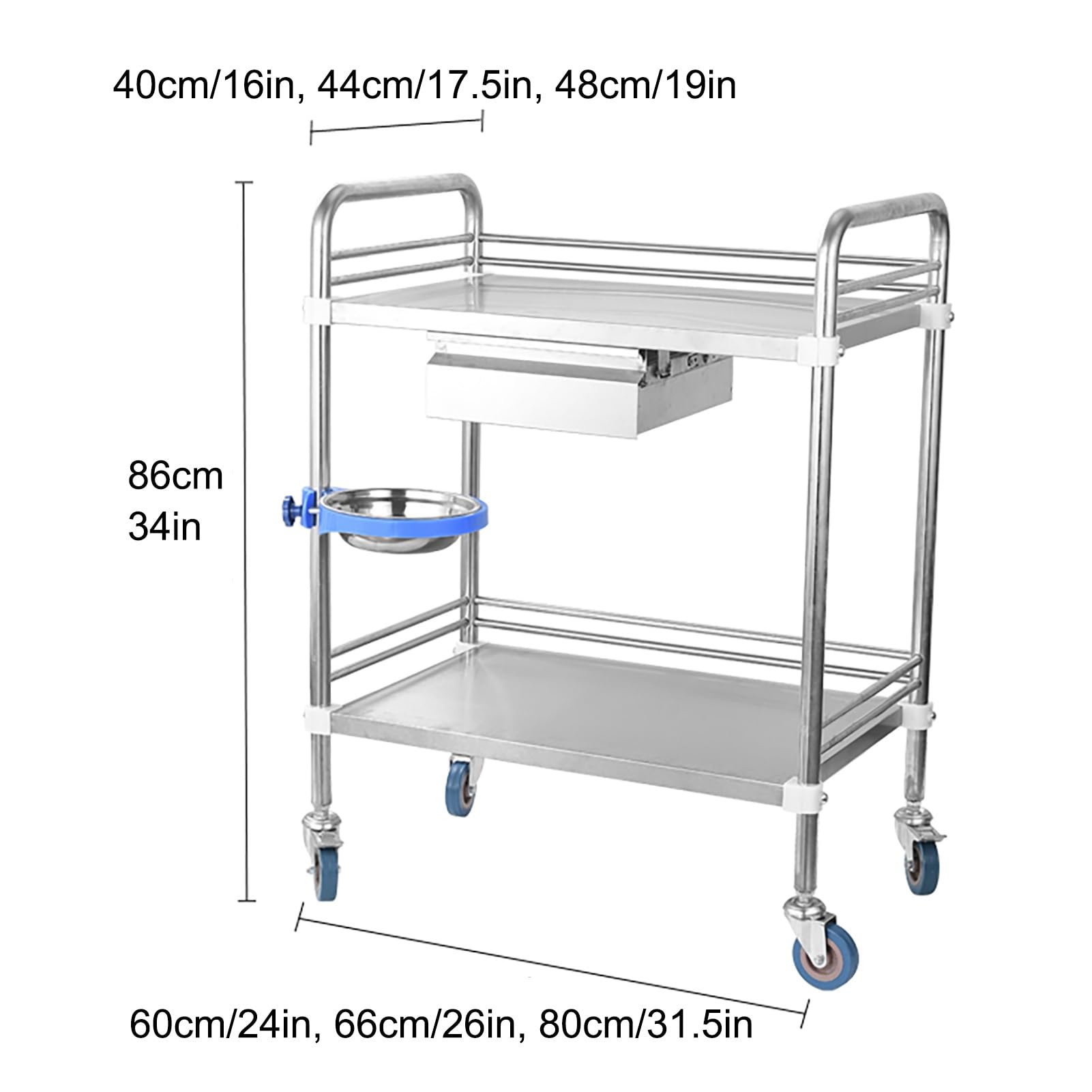 Tavoli da lavoro in acciaio inox con carrello con ruote, con 2 ripiani e 1 cassetto, carrello portaoggetti per ristorazione con rotazione a 360°, per ufficio, ristora,66*44*88cm/26*17.5*35 in