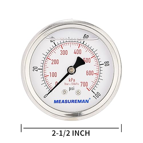 Miniatura 42 de MEASUREMAN - Manómetro relleno de líquido, tamaño del dial de 2.5 pulgadas, 0 a 200 psi/kPa, caja de acero inoxidable 304, montaje inferior NPT