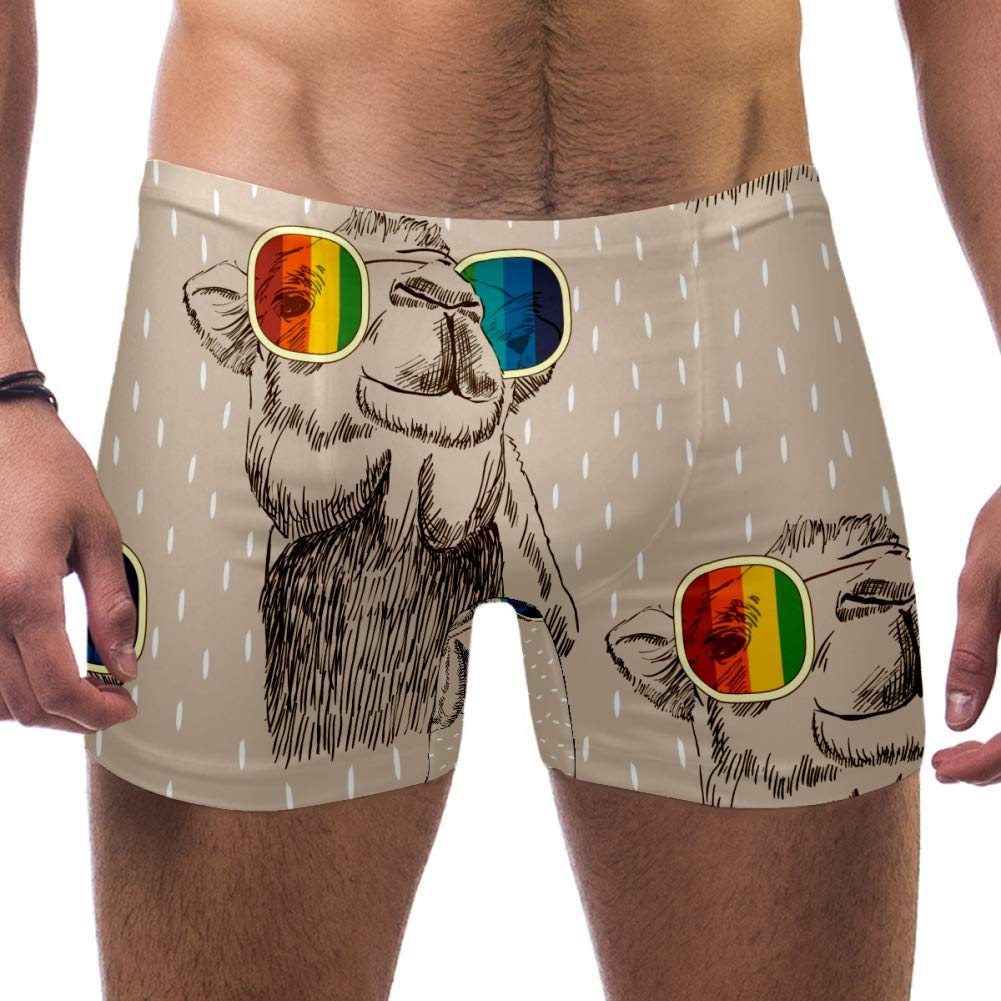 Camel with Glasses Sketch Arabian Art Men Swim Boxer Briefs Short Square Leg Swimsuit Quick Dry Swimwear,S