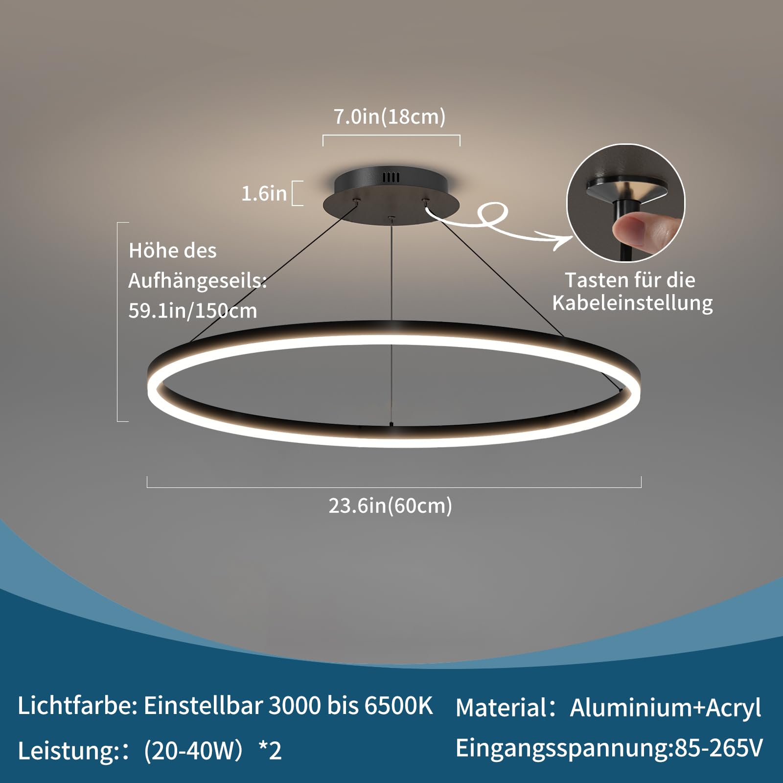 Mikeru 60CM LED Esstisch Pendelleuchte, Deckenleuchte Ringe Schwarz Dimmbar von 10% bis 100% 3000K/4500K/6000K Wohnzimmerleuchten mit Fernbedienung Hängeleuchte Rund für Wohnzimmer