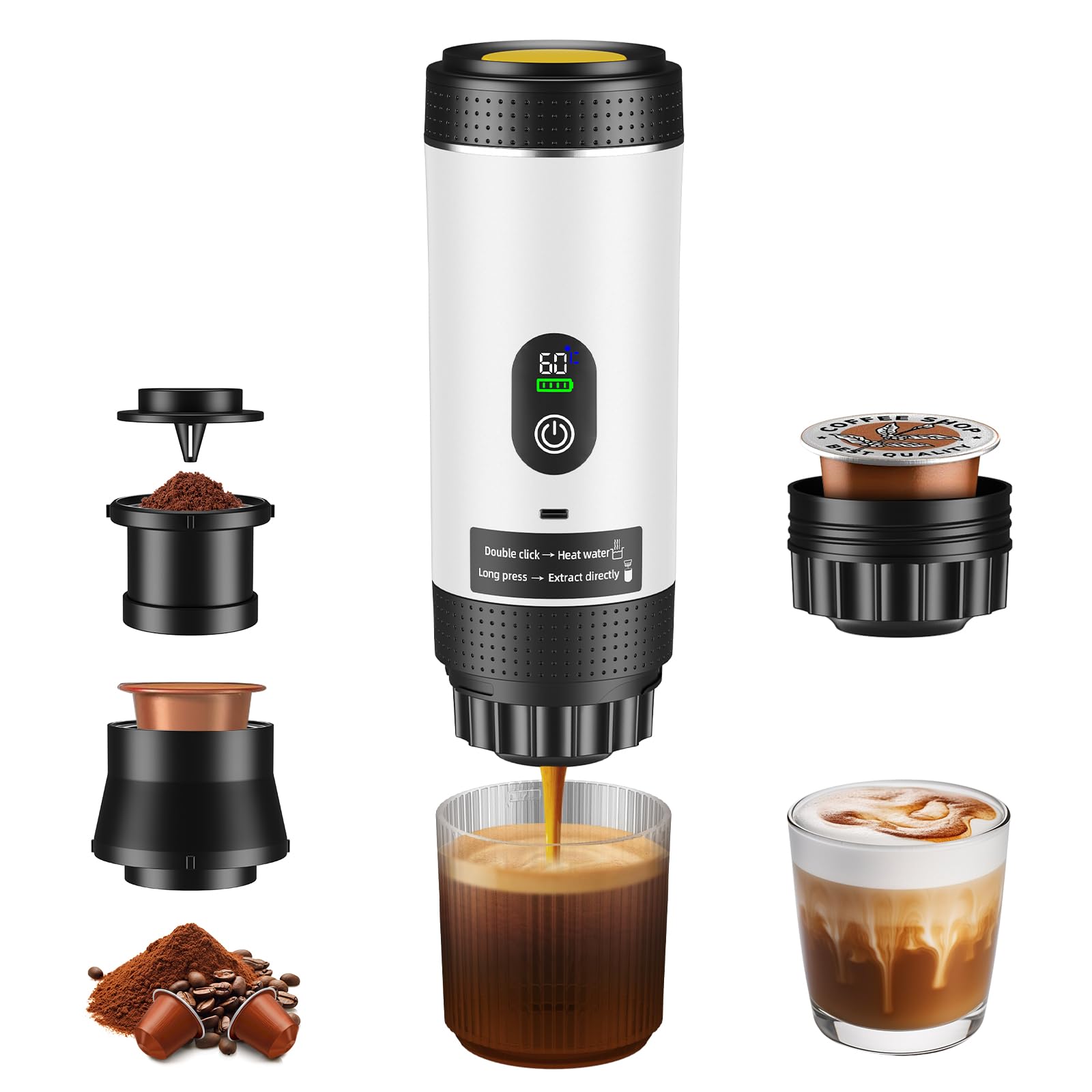 Macchina Caffe Portatile, Caffettiera Portatile 3-in-1 con batteria 7500 mAh,20 Bar, Autoriscaldante,USB-C,Piccola Macchina da Caffè 3 in 1 con Caffè Macinato e Capsule (NS & DG) per Camper