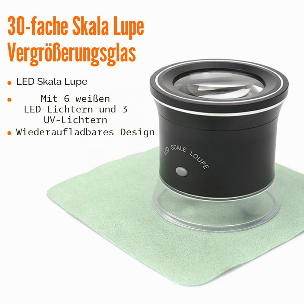 Irfora 30-fache LED-Skalenlupe, beleuchtete Lupe mit 6 weißen, 3 -Lichtern, wiederaufladbare Lupe, austauschbare Fadenkreuzskala für PCB, Schmuck, Münzen, Stempel, antike Textilmalerei, mit