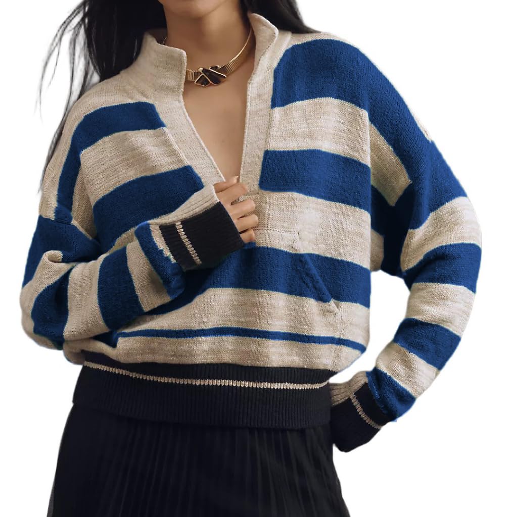 VAOYIU Womens Striped Knit Pullover Sweater Oversized V Neck Long Sleeve Top with Ribbed Hem and Cuffs for