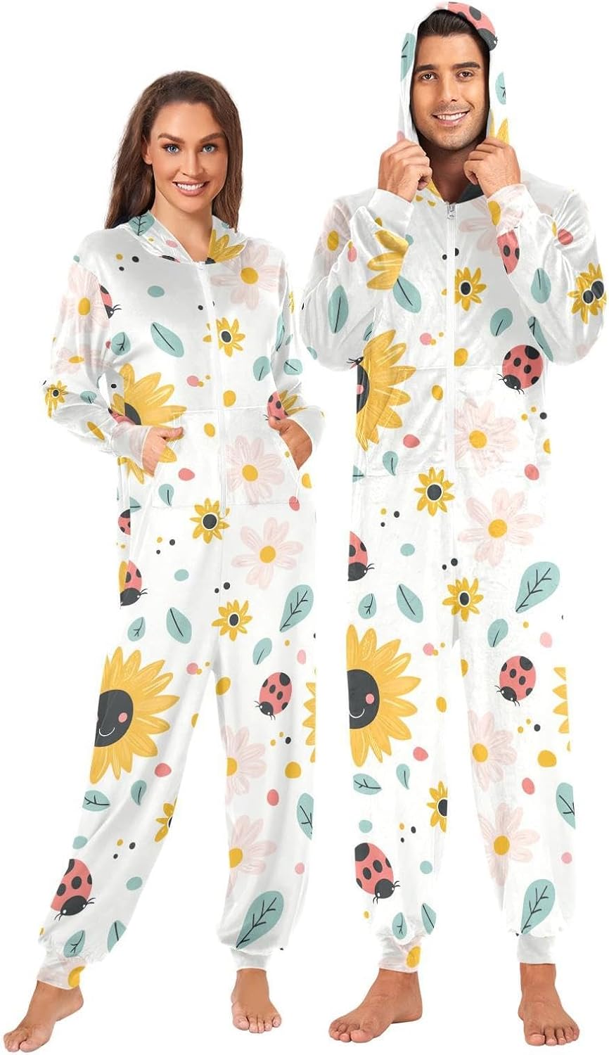 ZZKKO Kawaiiladybugs Sunflower Adult Onesie Pajamas for Women Men Cozy One Piece Pajamas Costume Zip-Up Hooded S-XL