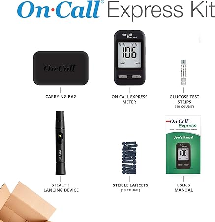  Kit De Prueba De Diabetes On Call Express Medidor De Glucosa En Sangre 10 Tiras De Analisis De Sangre 1 Dispositivo De Lanzamiento Lanzas De 1 06 Oz Solucion De Control Estuche
