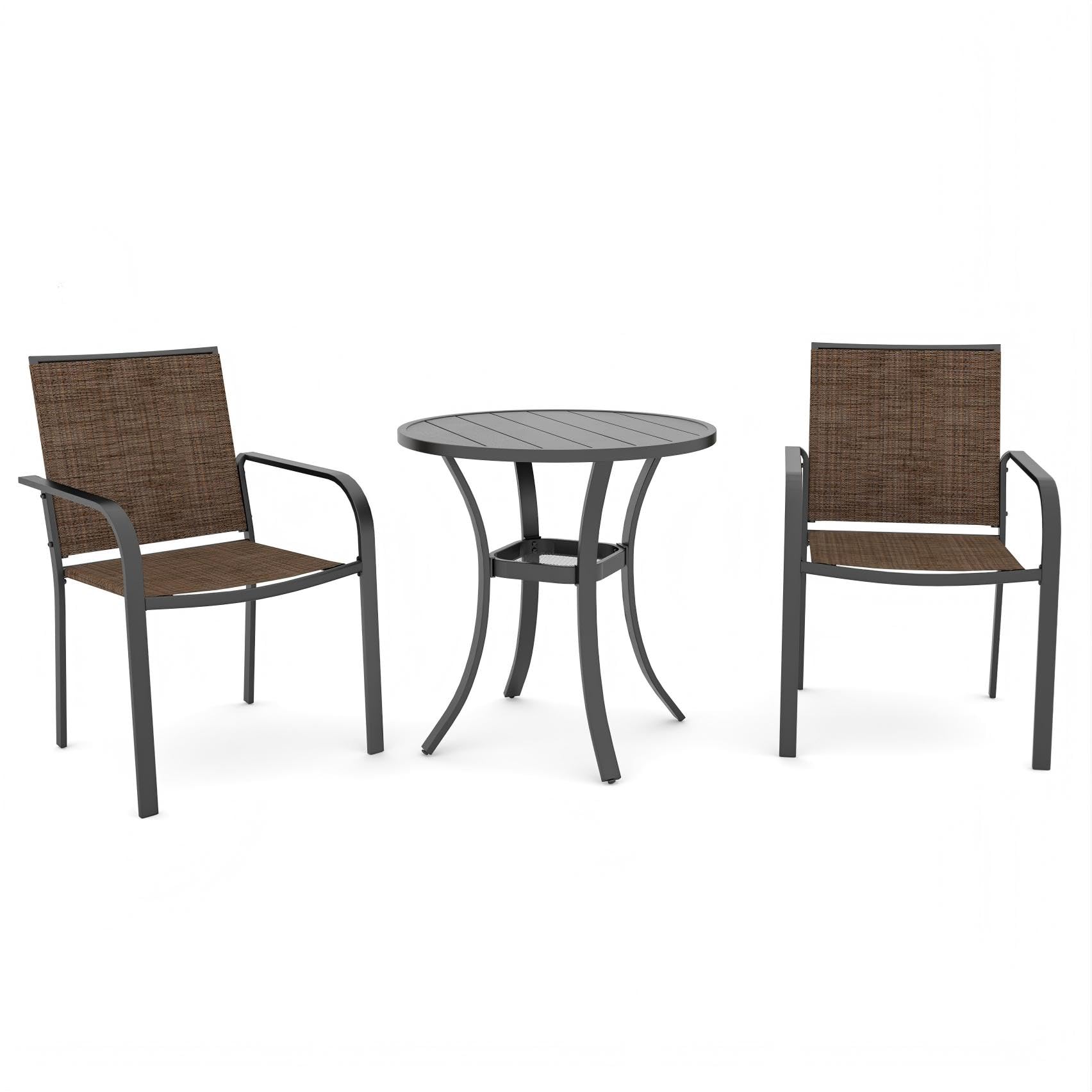 Anmutig 3 Piece Outdoor Bistro Set, 27.5" Round Metal Table, Brown Chairs