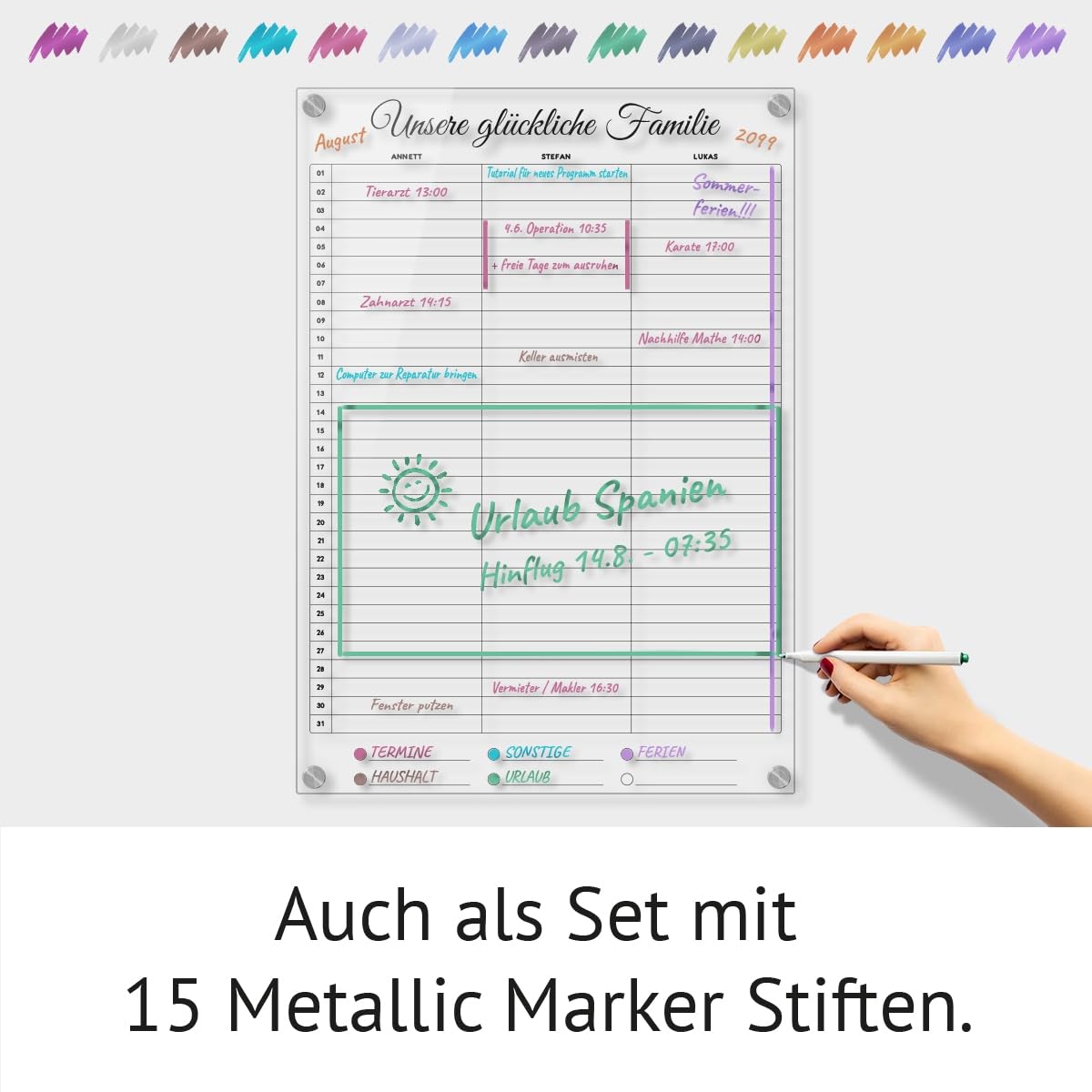 Personalisierter Acrylglas 3-Spalten Familienplaner Kalender abwischbar DIN A3, A2 oder A1 XXL wählbar inkl. Montagematerial und Edelstahl Abstandhalter, langlebig, klarer UV-Druck