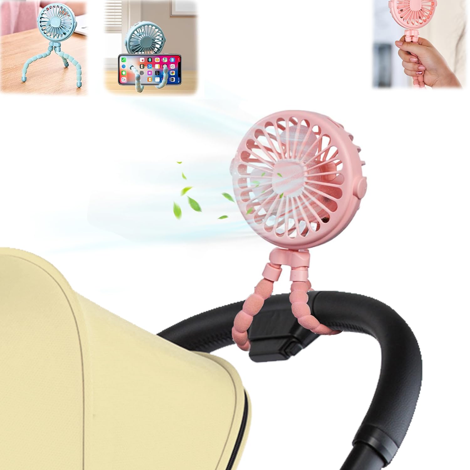 TOYZLY Pram Fan Clip on Stroller, USB Rechargeable Portable Clip on Fan with 3 Speeds & Night Light, 5000mAh Battery Mini Stroller Fans for Pram, Buggy, Pushchair, Car, Bike, Camping & Travel (Pink)