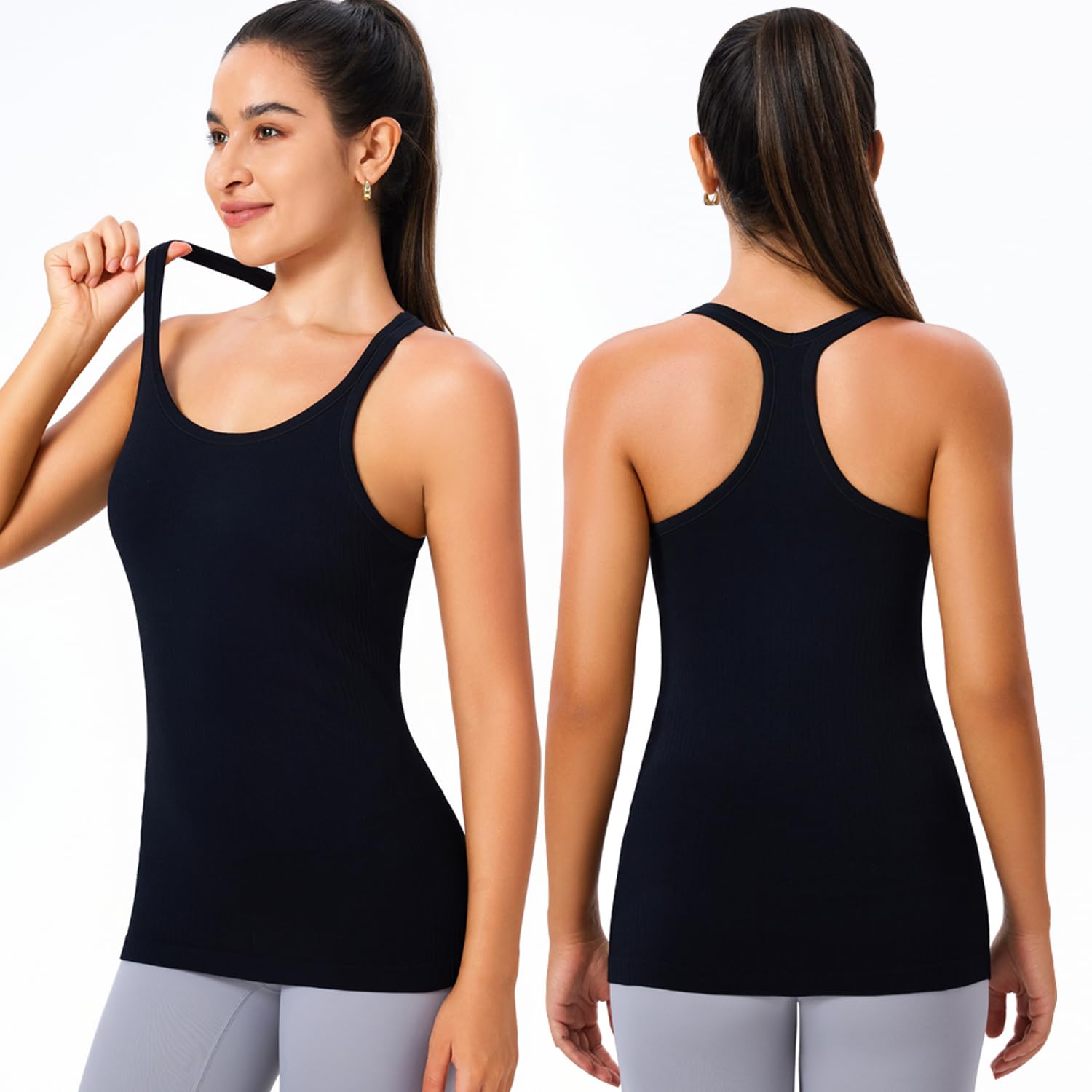 Evercute Canotte da allenamento da donna a costine con reggiseno integrato Racerback senza cuciture crop canotte sportive