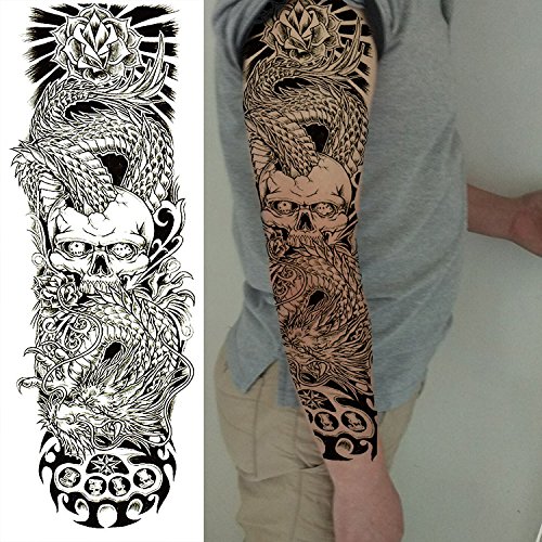 Kotbs 4 Sheets Large Waterproof Full Arm Tattoo Sticker Skull Rose Fake Tattoos Sleeve Temporary Tattoo Body Art for Men Women