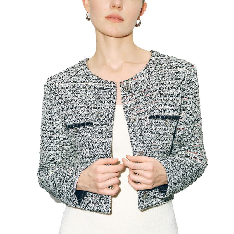 URBAN REVIVO Womens Long Sleeve Cropped Tweed Jacket with Pocket Button Slim Fit Work Office Short Tweed Blazer