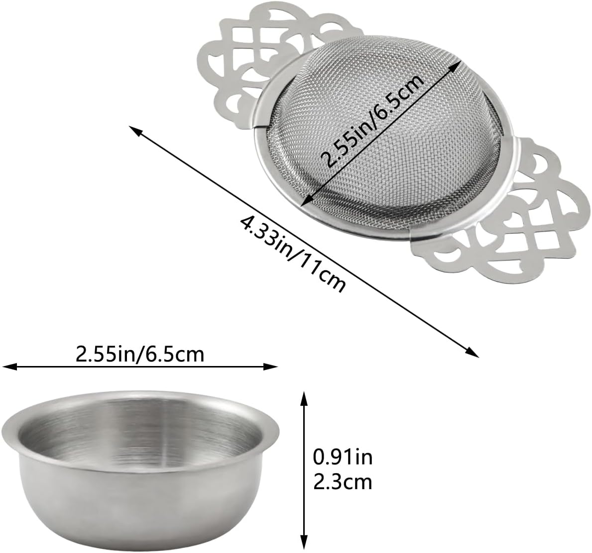 2PCS Stainless Steel Fine Mesh Tea Strainer with Bowl Base Tray Dual Wing Extension Design Loose Leaf Tea Coffee Juice Multi Purpose Filter for Kitchenware Fits 2.5 4 Inch Cup Openings