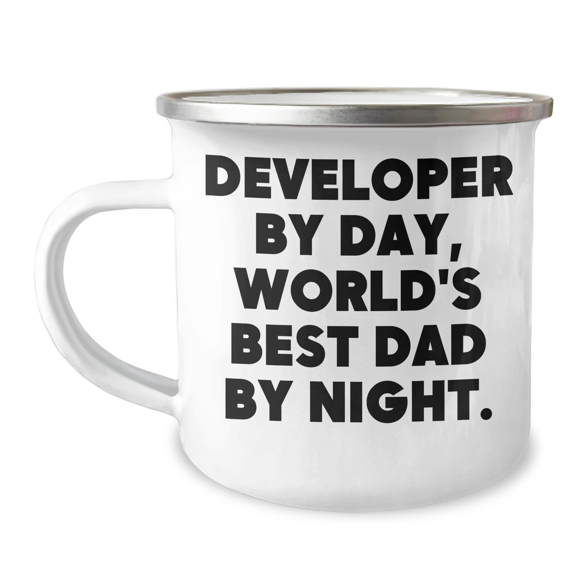 Developer By Day, World's Best Dad By Night. Gift for Developer Birthday Camping Mug, Stainless Steel with Enamel Finish, 12 oz Capacity, Perfect for Developer Enthusiasts