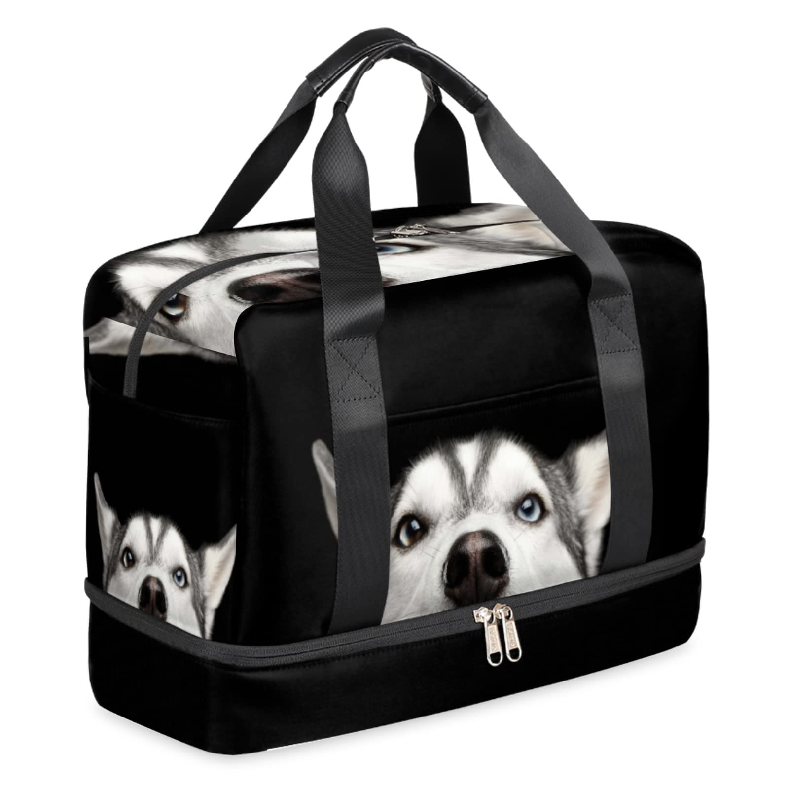 Funny Husky Dog Sports Gym Bag with Shoes Compartment,Animal Pug Puppy Travel Duffel Bag for Men Women Boys Girls Teens Overnight Weekend Yoga Workout Bag Training Handbag