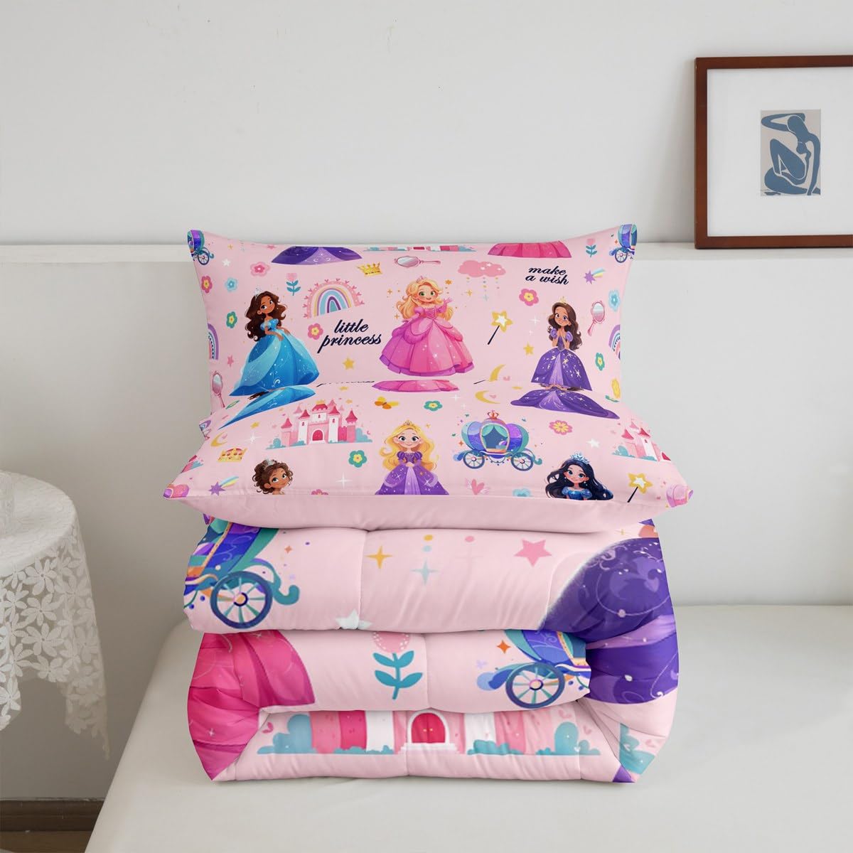 LUVIVIHOME Set Copripiumino Matrimoniale 3 Pezzi Rosa E Bianco Con Corona E Castello Delle Fiabe Per Bambine - Morbida Microfibra