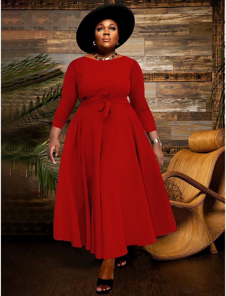 BFFBABY Women's Wrap V Neck Plus Size Maxi Dresses 3/4 Sleeves Chain Floral Printed Swing Dress with Belt - Image 3