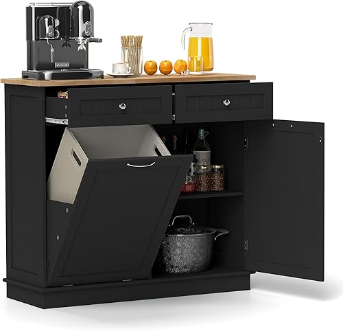 Miniatura 10 de SILKYDRY Armario de basura inclinable, armario de lavandería con 2 cajones y estante ajustable, encimera de madera de goma, contenedores de