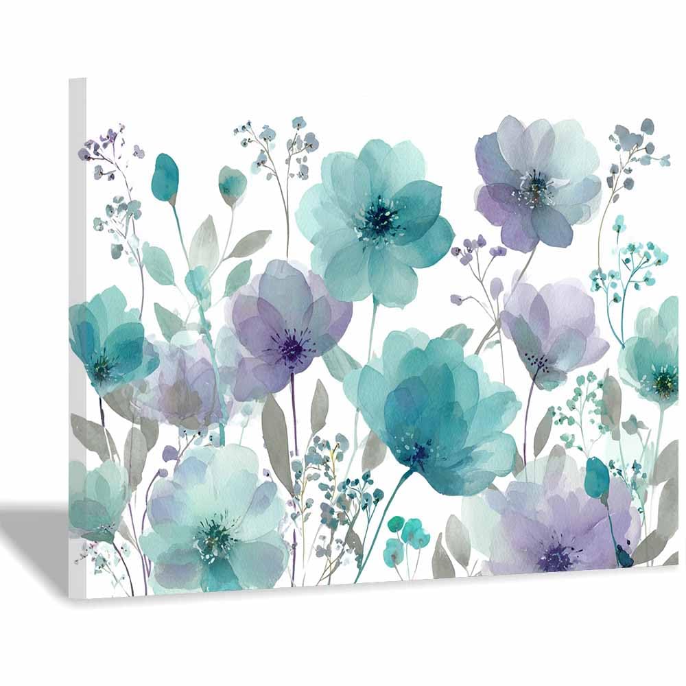 Xeniou Multicolor Flowers Canvas Teals Purple Flower Decor Canvas Wall Art, For Bathroom Living Room Bedroom Office Kitchen(Multicolor)-70X100cm Framed