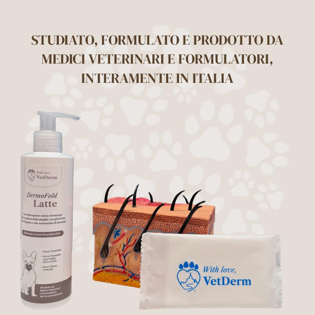 DermoFold Latte Detergente per Cani - Senza Risciacquo, per Pieghe Cutanee, Emolliente e Antiprurito - Ideale per Bulldog, Carlini, Mastini, Shih Tzu - Senza Clorexidina, Alcol, SLS/SLES e Siliconi