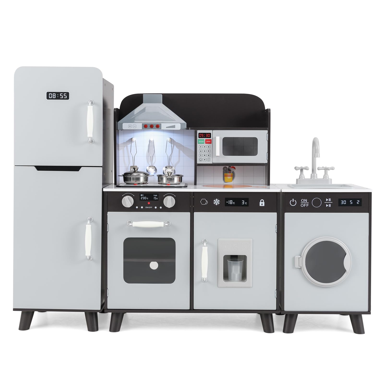 RELAX4LIFE 3 IN 1 Cucina Giocattolo per Bambini, Mini Cucina in Legno, Suoni e Luci Realistici, Cucina Giocattolo con Lavello, Fornelli, Frigorifero, per Bambini 3+ Anni (Marrone)