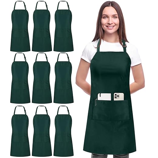 Utopia Kitchen 10 Pack Bib Apron Adjustable with 2 Pockets, Water and Oil Resistant, Cooking Kitchen Chef Apron for Women Men