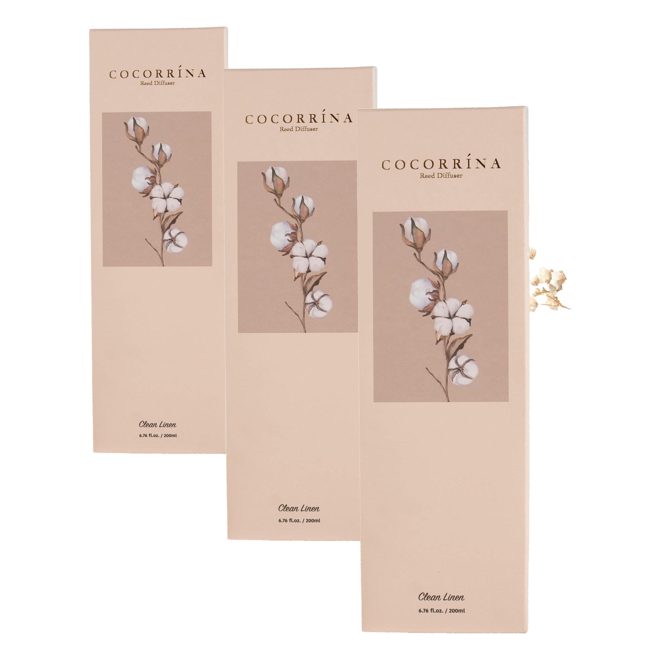 Cocorrína Reed Diffuser Set, Clean Linen 6.7 fl oz Scented Diffuser with Sticks Home Fragrance Reed Diffuser for Bathroom Shelf Decor (Pack of 3)