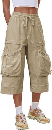 Aoysky Womens Wide Leg Cargo Capris Drawstring Elastic Waist Baggy Cropped Pants with Utility Pockets Casual Trousers