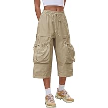 Aoysky Womens Wide Leg Cargo Capris Drawstring Elastic Waist Baggy Cropped Pants with Utility Pockets Casual Trousers