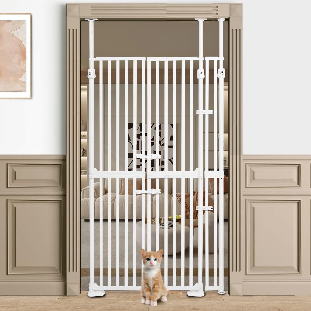 71\" Extra Tall Cat Gate, 30.31-39.37\" Wide Auto Close Cat Safety Gate, 1.34\" Extra Narrow Gap, No Drilling Pressure Mount Design, Innovation Double Opening Pet Gate INCOMPLETE  DAMAGED 