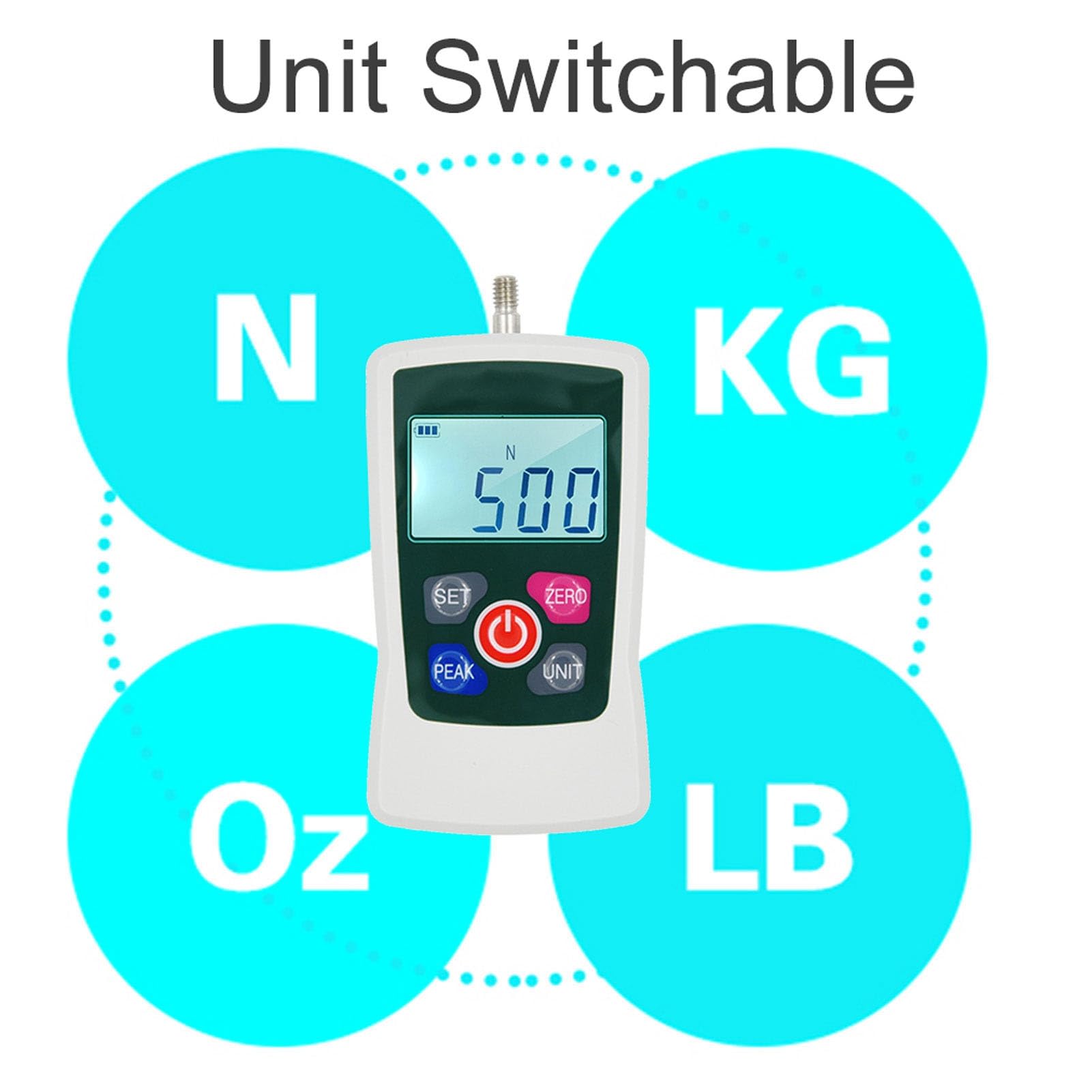 Dinamómetro Digital de Empuje y Tracción, Medidor de Fuerza 50N/5kg con Pantalla LCD, Función Pico, Conversión de Unidades, Alarma para Pruebas de Compresión y Tensión