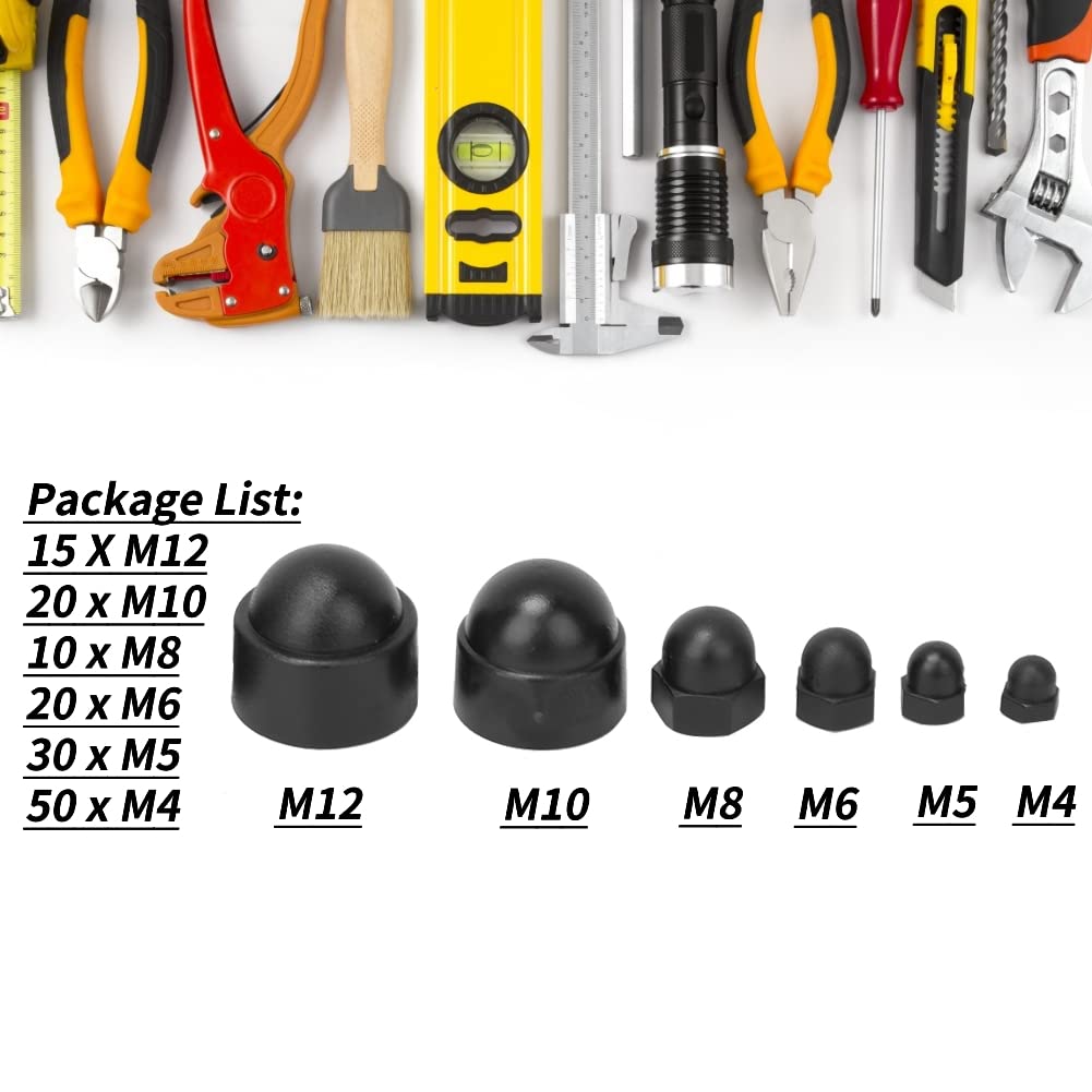 145pcs Rubber End Caps, Bolts Cap, Plastic Nut Caps Hex Nut Dome Cover Black Rubber Hex Nut Cover Bolts Protection Cap Rubber Nut Cover M4 M5 M6 M8 M10 M12 Hardware Fasteners