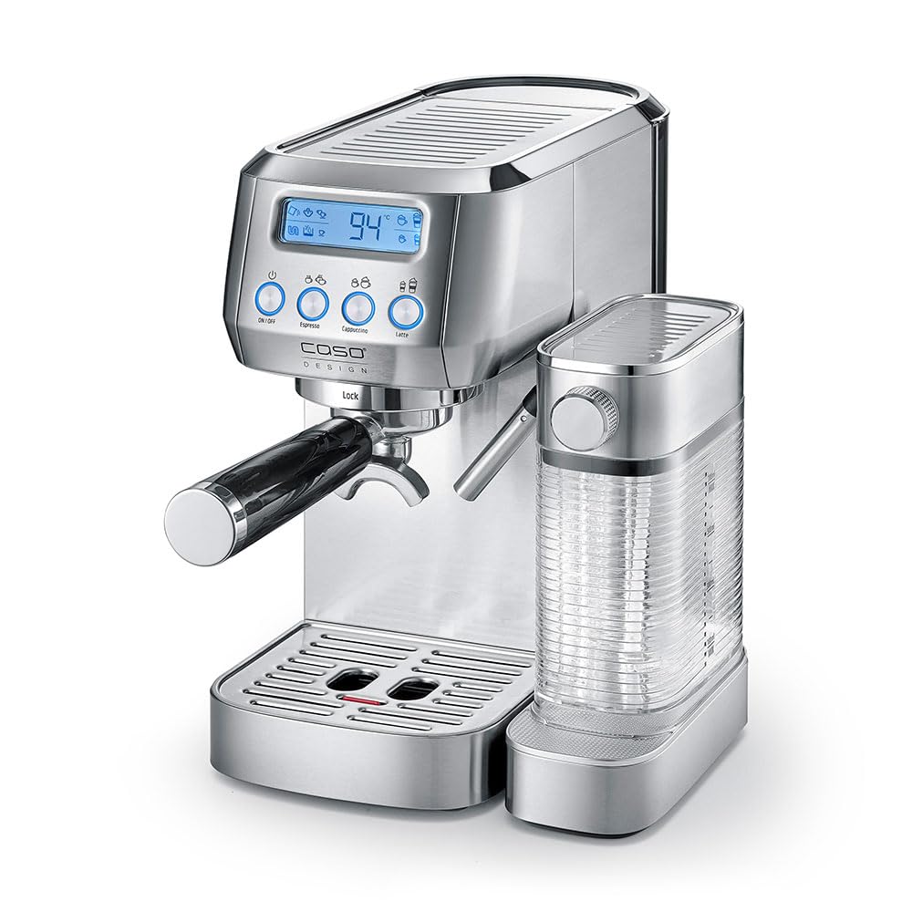 CASO Espresso Gourmet Latte - Juicio test muy bien, cafetera con depósito de leche integrado, bomba ULKA 20 bar, placa calefactora para tazas, 1 o 2 tazas, plata, acero inoxidable