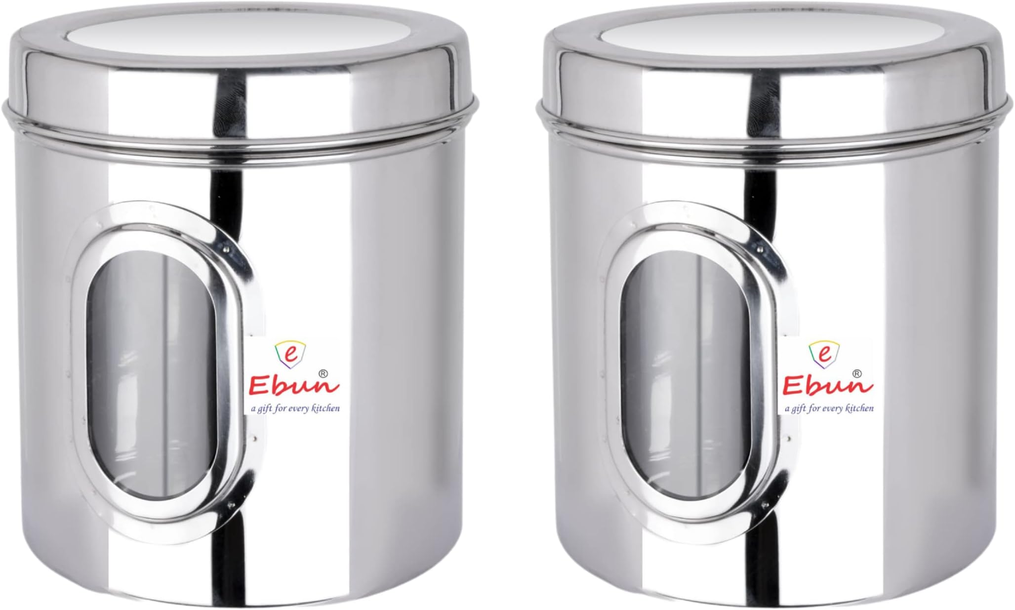 EbunStainless Steel See Through Transparent Container | Multipurpose Canister | Jar for Kitchen Storage with Small See through Window | Pack of 2 | 1.5 Kgs