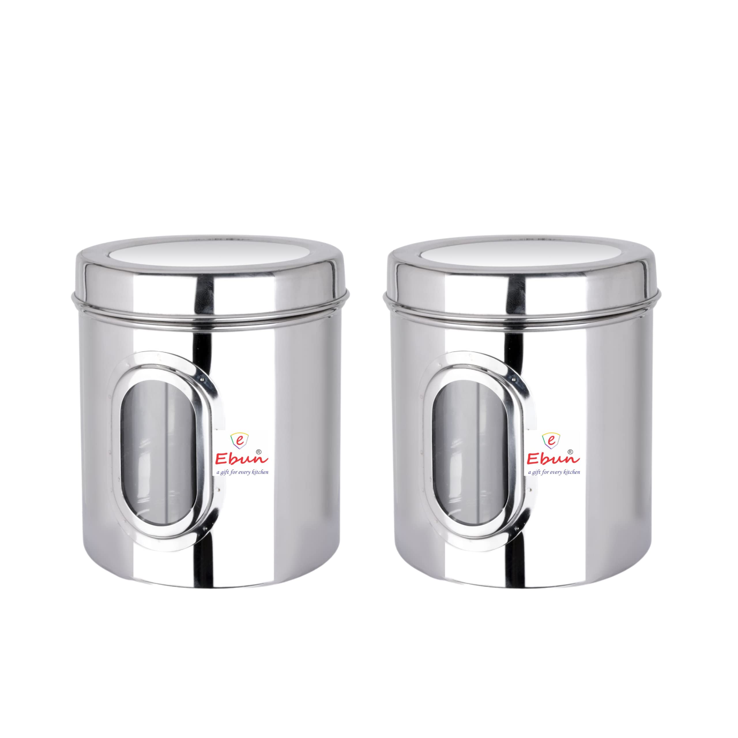 EbunStainless Steel See Through Transparent Container | Multipurpose Canister | Jar for Kitchen Storage with Small See through Window | Pack of 2 | 1.5 Kgs