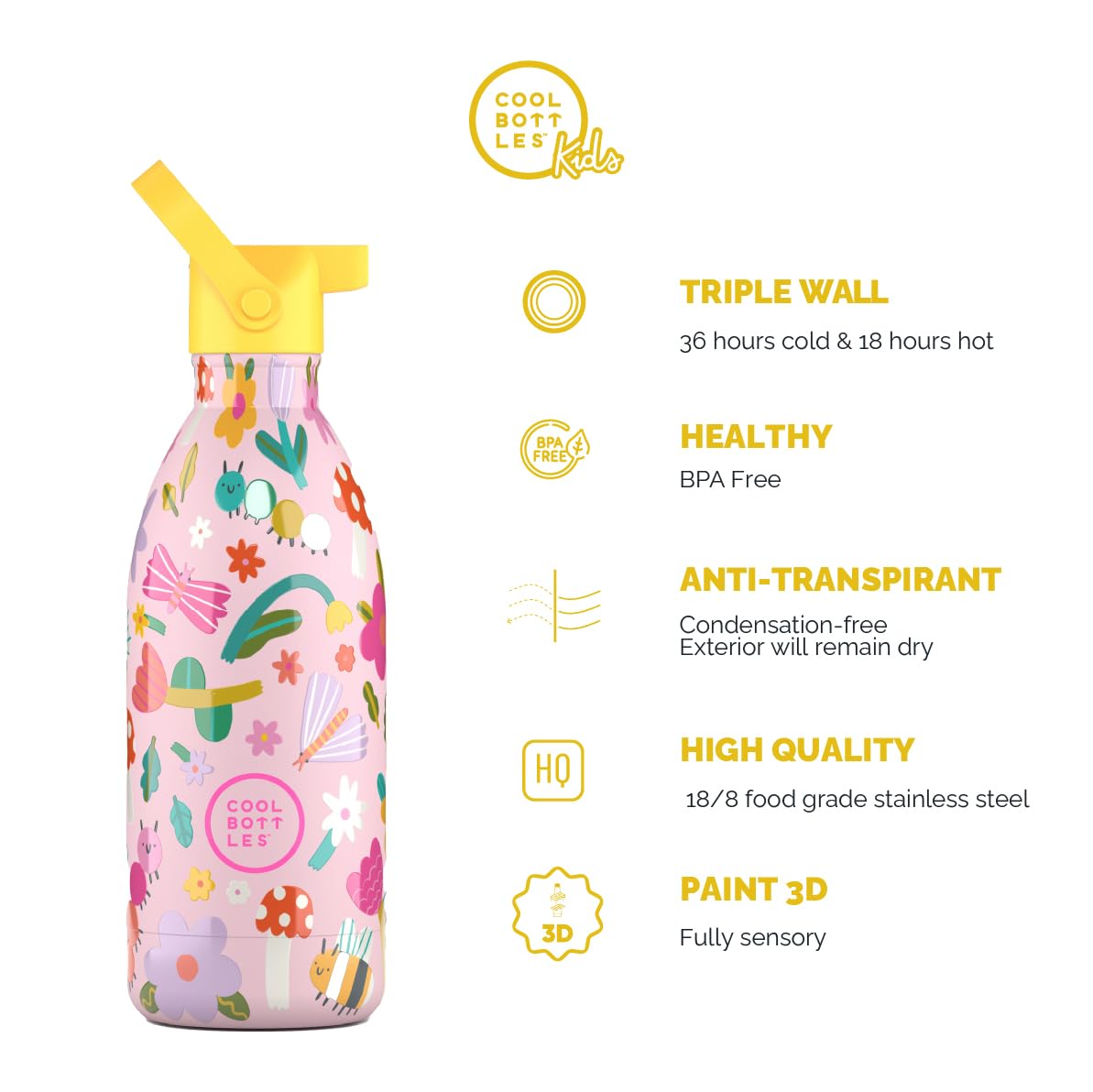 Cool Bottles - Bottiglia d'acqua in acciaio inox per bambini, bottiglia termica per bambini - Bevande fredde per 36 ore e calde per 18 ore- Bug Life 500ml