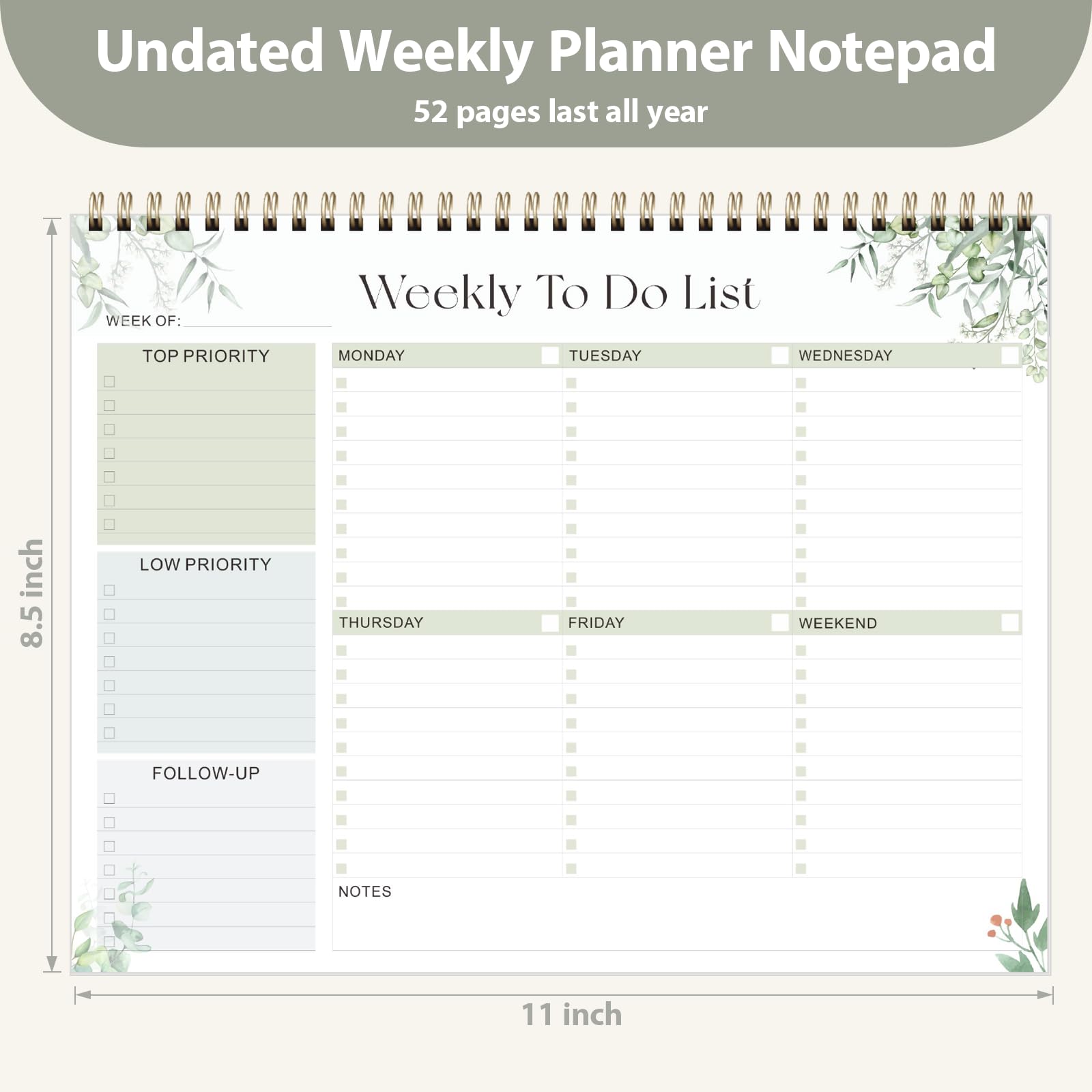 Blocco note settimanale per lista delle cose da fare, planner senza data con 52 fogli (21,9 x 27,9 cm), agenda settimanale da scrivania per donne e uomini, casa, scuola e lavoro (foglia)