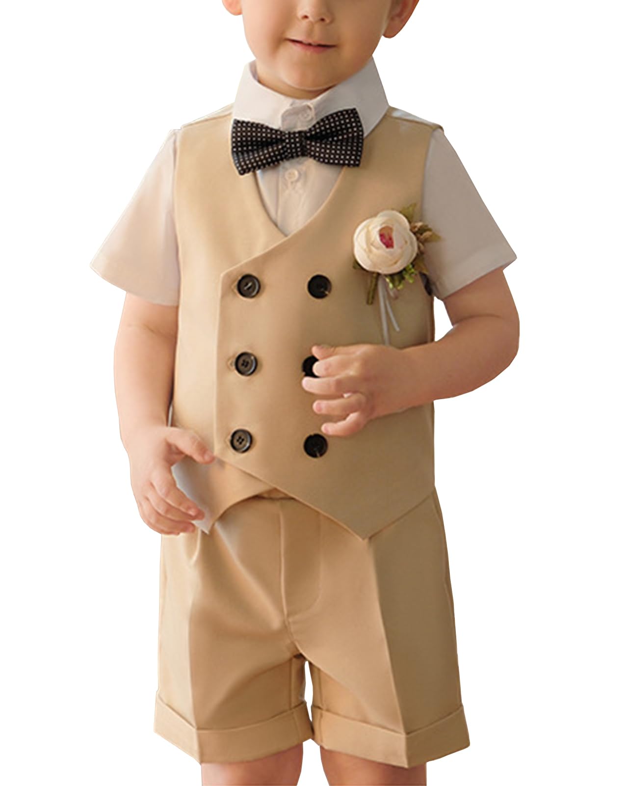 Smoking Abiti Bambini e Ragazzi Completi e Coordinati Camicia Fiocco+Gilet+Pantaloncini+Corsage Completi da Gentiluomo per Bambino