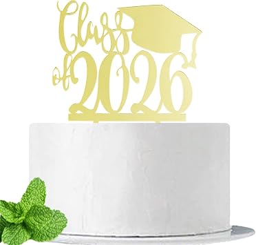 JIEEIN Class of 2026 Cake Topper, Graduation Party Decoration, Congrats Grad with Cap Design, Mirror Gold Acrylic