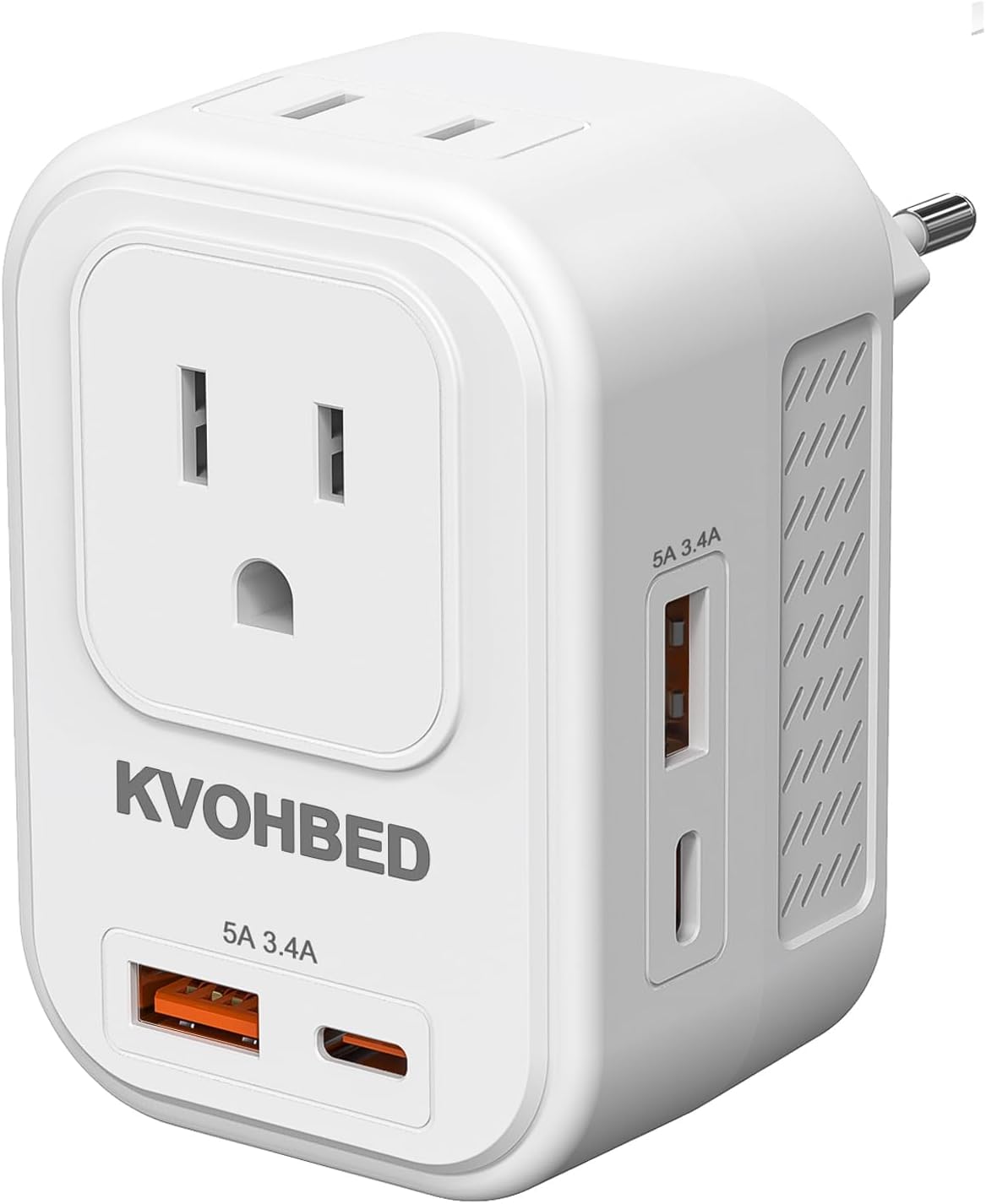 Convertidor de voltaje de EE. UU. a Europa: 220 V a 110 V Adaptador de viaje universal internacional con 2 puertos USB A 2 tipo C de carga rápida, convertidor de corriente mundial Combo de enchufe de