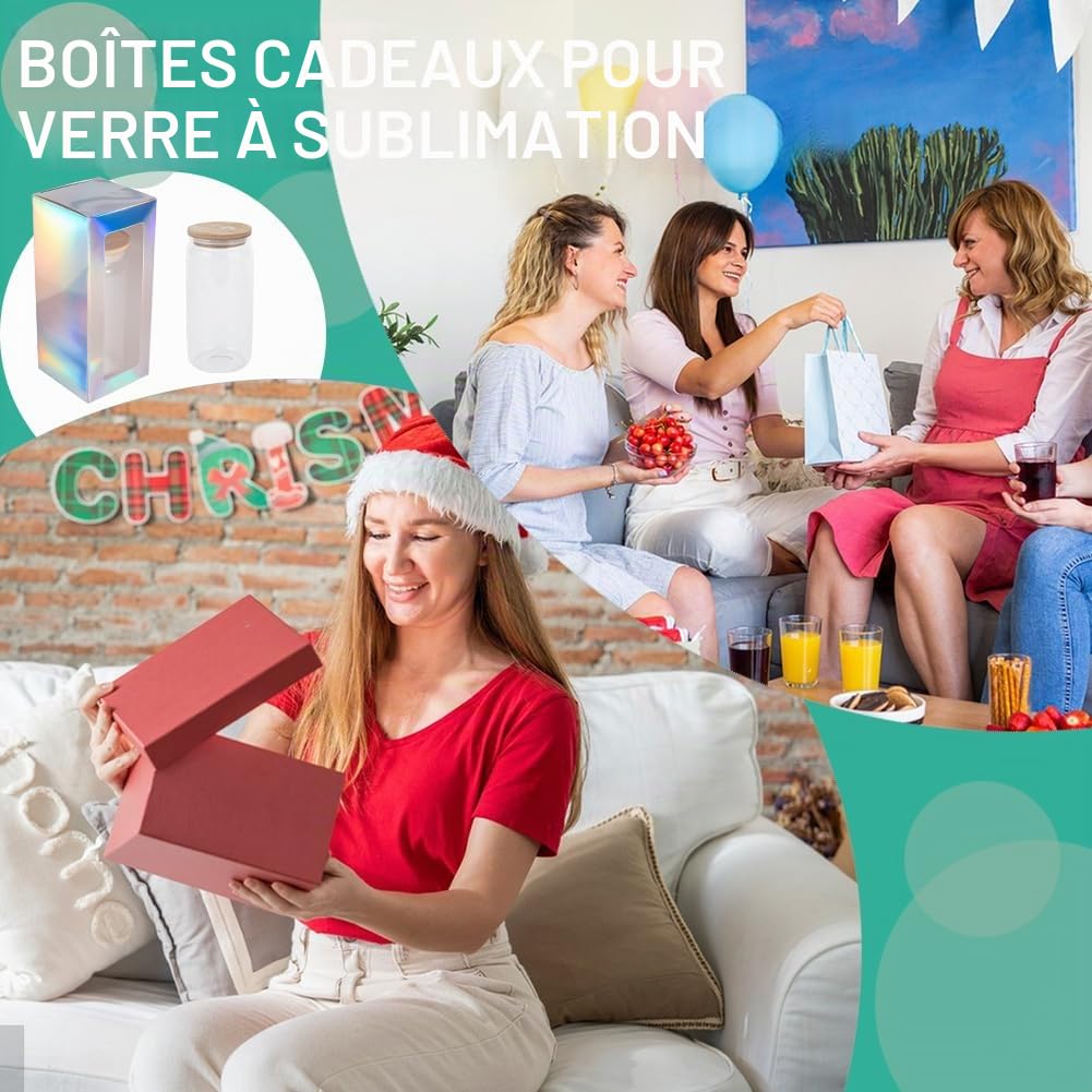 GORGECRAFT 10 boîte à Gobelets en Verre par Sublimation Coffrets Cadeaux de Noël en Carton Irisé avec Ruban en Organza de 20 mètres pour Gobelets 12oz 16oz et 20oz Emballage Cadeau de Thanksgiving