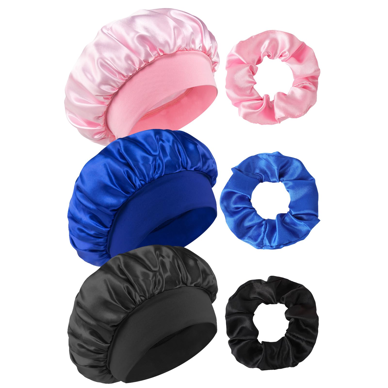 Meunhy 3 Pack Silk Satin Hair Bonnet for Sleeping, Adjustable Silk Sleep Bonnet with Hair Bobbles, Soft Bonnets for Women Protection H/air the Night